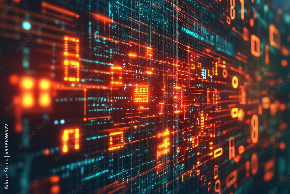 Close up of glowing red and orange data streams on a digital interface symbolizing the flow of information in modern technology Close up of glowing red and orange data streams on a digital interface symbolizing the flow of information in modern technology