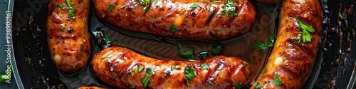 Vegan meat substitute sausages being cooked in a nonstick frying pan, featuring a crispy exterior. photo