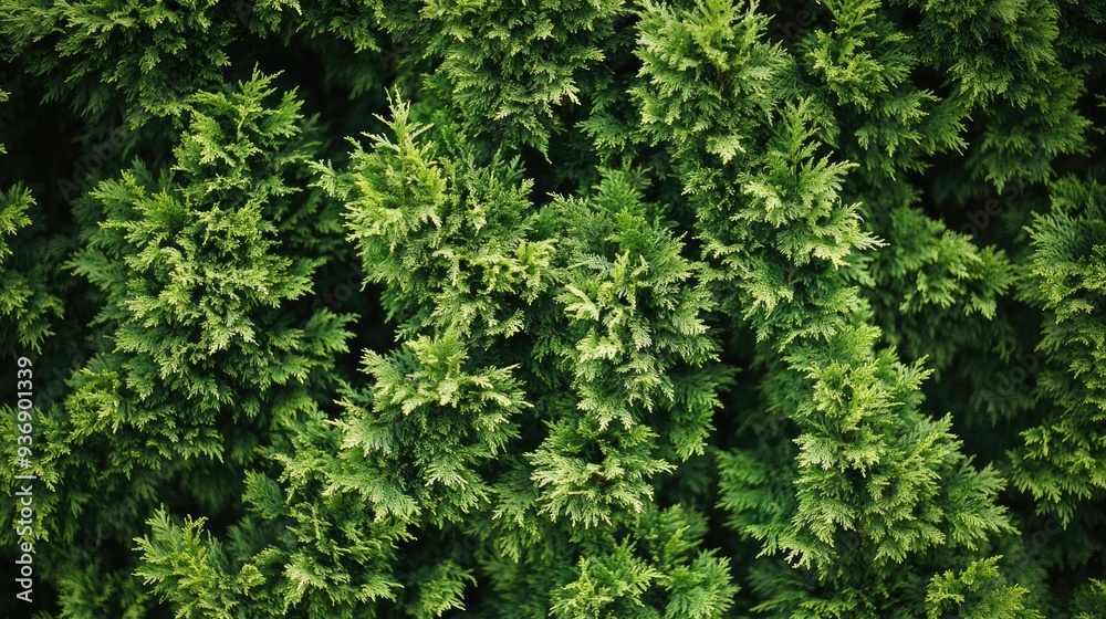 Close-up of a green hedge of thuja trees, with dense foliage creating a lush, natural wall. Ideal for nature backgrounds and outdoor scenery. Close-up of a green hedge of thuja trees, with dense foliage creating a lush, natural wall. Ideal for nature backgrounds and outdoor scenery.