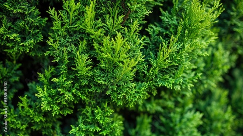 Close-up of a green hedge of thuja trees in a garden, with vibrant foliage creating a natural and serene outdoor setting.