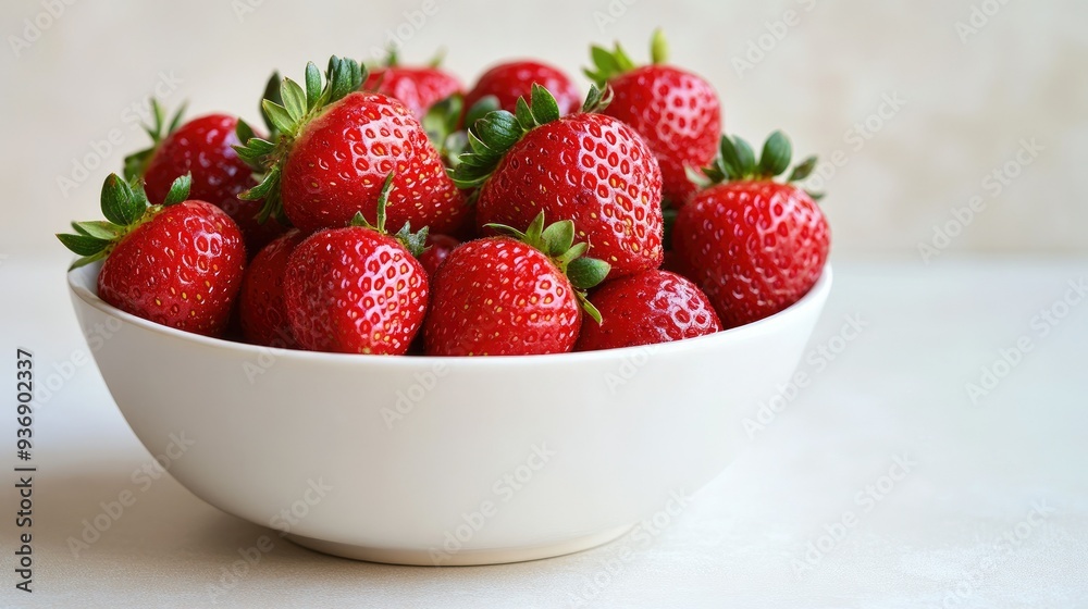 Close-up of a white bowl overflowing with red ripe strawberries on a light white background. The fresh, juicy berries are the focal point of this bright scene.