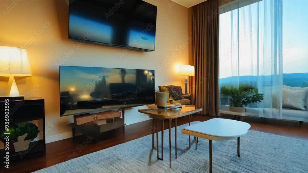 Cozy living room with mountain views and soft lighting in a modern home setting Cozy living room with mountain views and soft lighting in a modern home setting