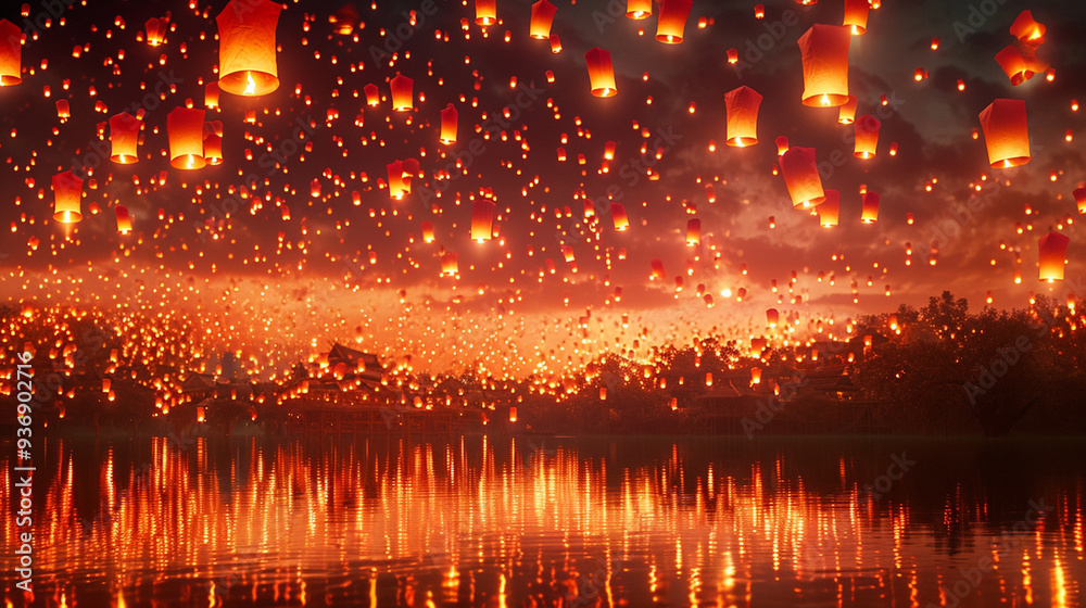 Naklejka premium sky ablaze with countless floating lanterns at sunset