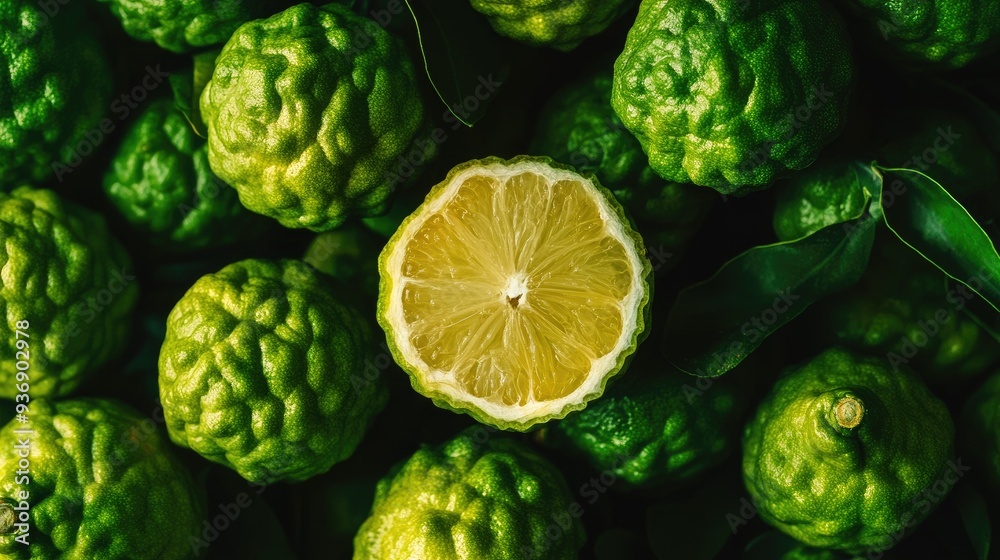 Fototapeta premium Close-up of fresh bergamot fruits, one sliced open, displaying the detailed texture and juicy pulp, with ample copy space.