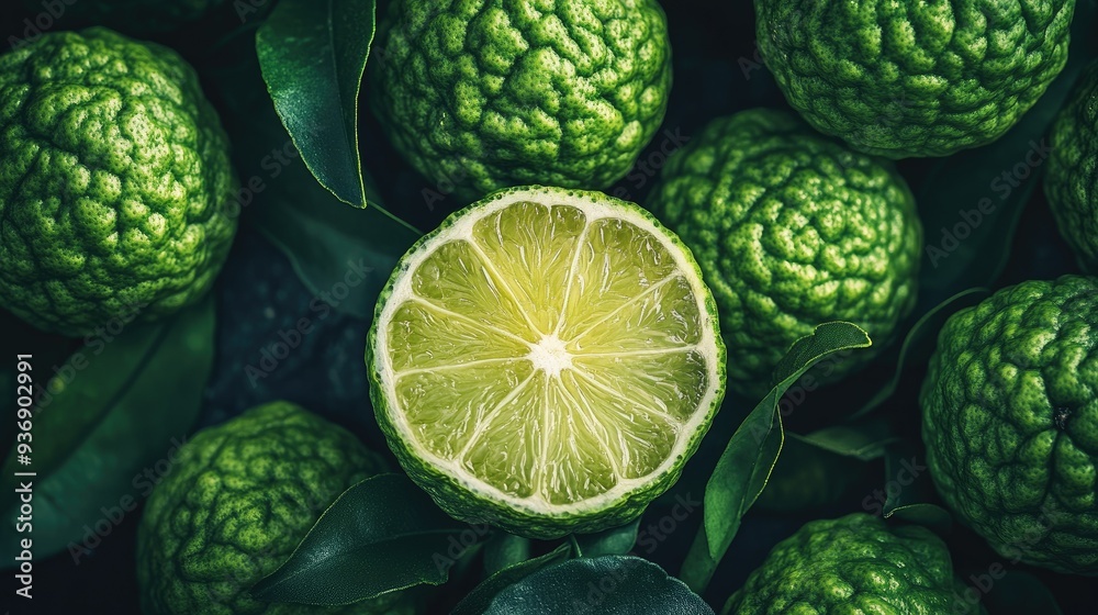 Close-up of fresh bergamot fruits, one sliced open, displaying the detailed texture and juicy pulp, with ample copy space. Close-up of fresh bergamot fruits, one sliced open, displaying the detailed texture and juicy pulp, with ample copy space.