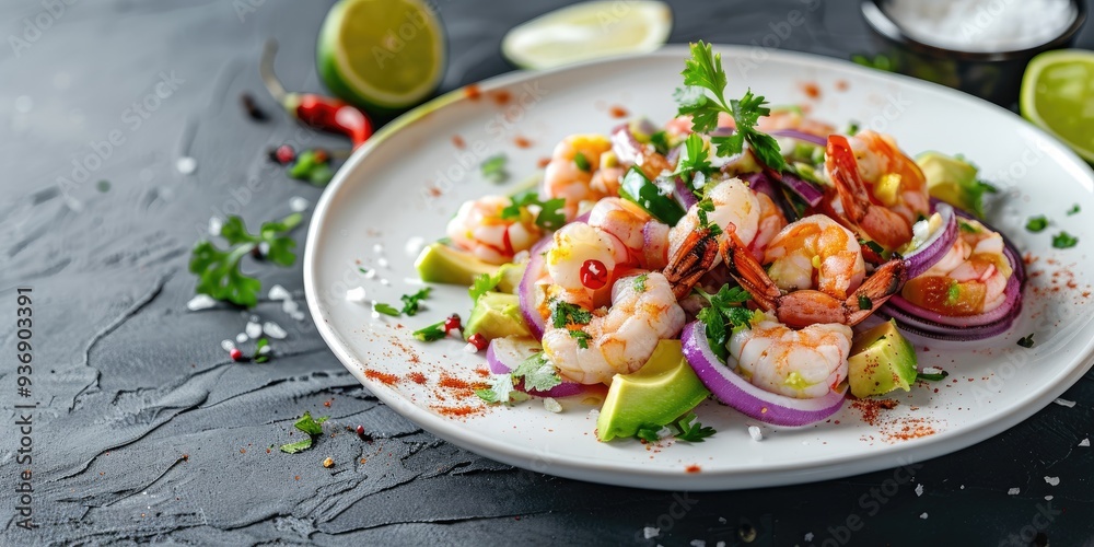 Delicious shrimp aguachile featuring red onion, octopus, cucumber, avocado, serrano chile, lime, salt, and pepper, served on a white plate alongside crispy toast. Delicious shrimp aguachile featuring red onion, octopus, cucumber, avocado, serrano chile, lime, salt, and pepper, served on a white plate alongside crispy toast.