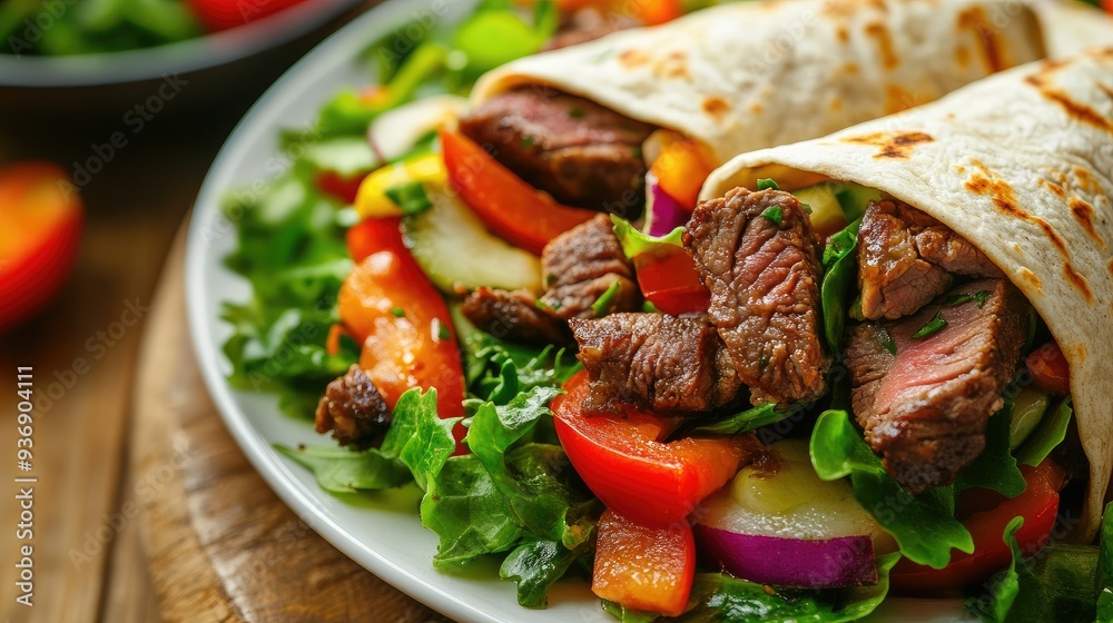 Close-up of salad wraps with kebab beef, crisp vegetables, and fresh greens on a white plate, placed on a wooden table. Perfect for a tasty lunch. Close-up of salad wraps with kebab beef, crisp vegetables, and fresh greens on a white plate, placed on a wooden table. Perfect for a tasty lunch.