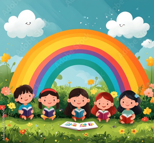 Colorful Rainbow Illustration with Kids Reading Books in a Garden