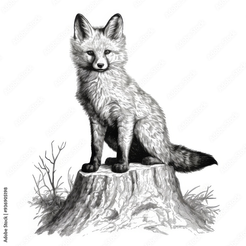 Obraz premium Detailed Black and White Fox Illustration on Tree Stump - Nature Wildlife Art