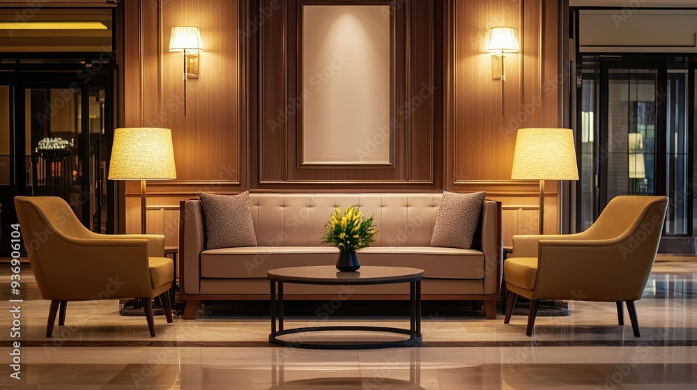 Cozy hotel lobby interior with an empty sofa and chair, soft lighting, and elegant decorations. A perfect backdrop for hospitality and design-focused imagery. Cozy hotel lobby interior with an empty sofa and chair, soft lighting, and elegant decorations. A perfect backdrop for hospitality and design-focused imagery.