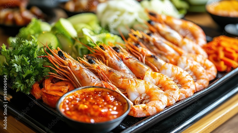 Delicious grilled shrimp prawns on a tray, paired with fresh vegetables and seafood sauce, perfect for a Thai seafood buffet. The vibrant colors and textures enhance the visual appeal. Delicious grilled shrimp prawns on a tray, paired with fresh vegetables and seafood sauce, perfect for a Thai seafood buffet. The vibrant colors and textures enhance the visual appeal.