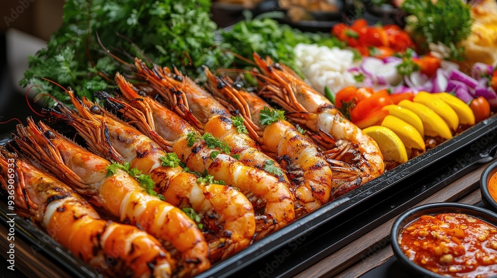 Delicious grilled shrimp prawns on a tray, paired with fresh vegetables and seafood sauce, perfect for a Thai seafood buffet. The vibrant colors and textures enhance the visual appeal. Delicious grilled shrimp prawns on a tray, paired with fresh vegetables and seafood sauce, perfect for a Thai seafood buffet. The vibrant colors and textures enhance the visual appeal.