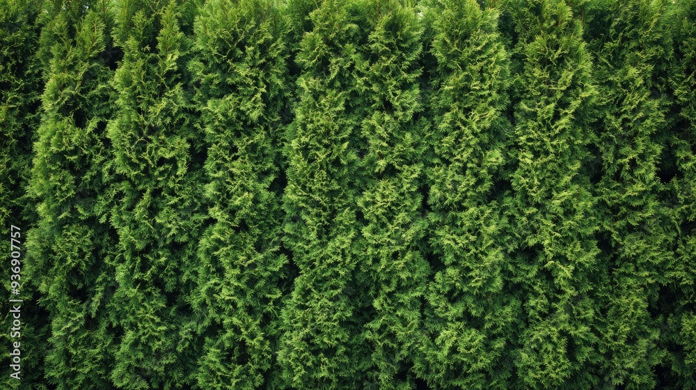 Dense green hedge of thuja trees, creating a seamless, natural boundary. Ideal for privacy and outdoor design photography. Dense green hedge of thuja trees, creating a seamless, natural boundary. Ideal for privacy and outdoor design photography.