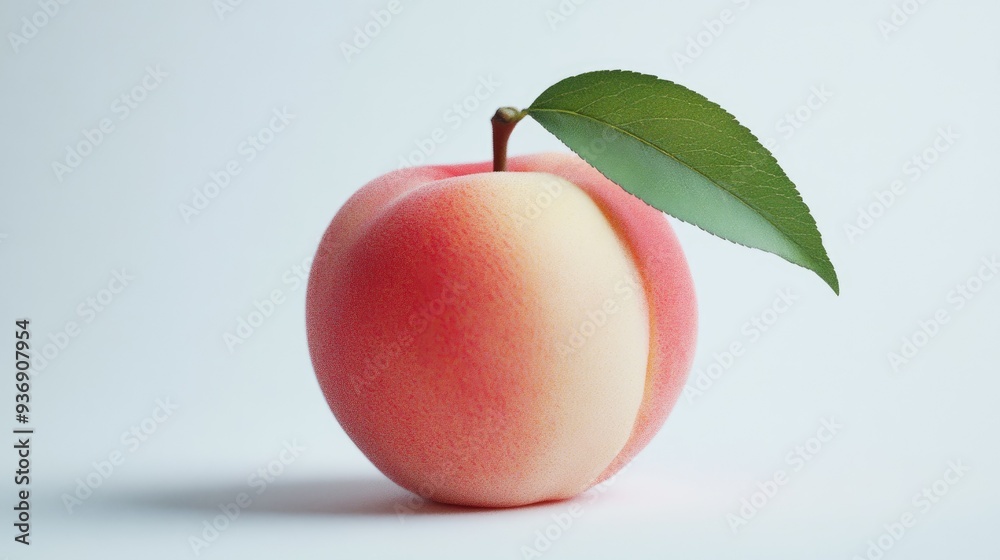 Detailed close-up of a Japanese white peach with a green leaf attached, set on a clean white background. Detailed close-up of a Japanese white peach with a green leaf attached, set on a clean white background.