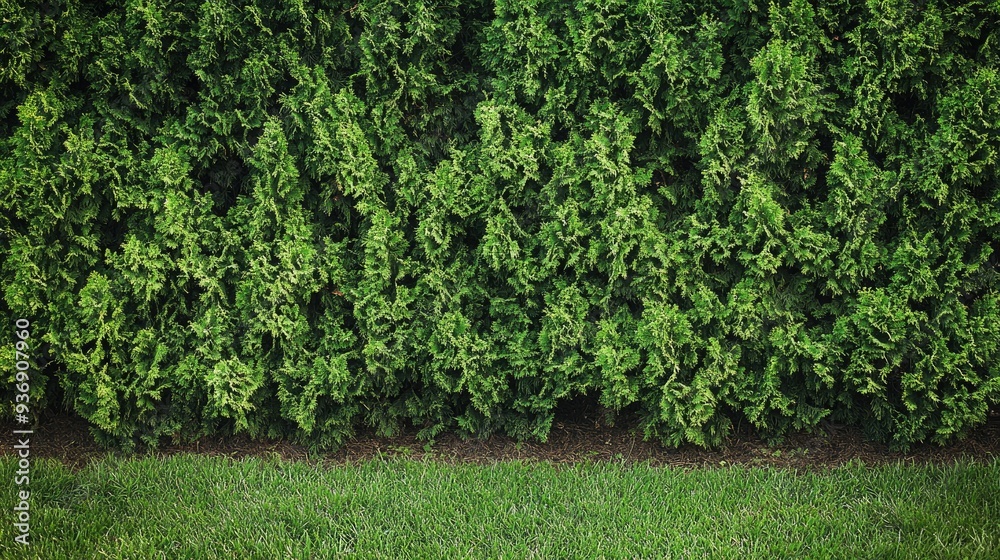 Dense green hedge of thuja trees, providing a natural and lush barrier in a landscaped yard. Perfect for nature-themed photography. Dense green hedge of thuja trees, providing a natural and lush barrier in a landscaped yard. Perfect for nature-themed photography.