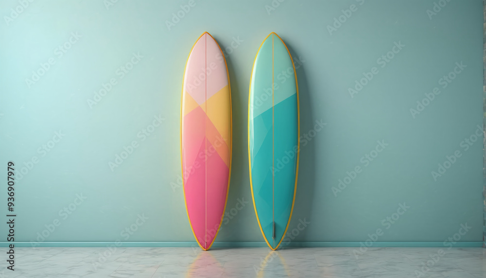 Many different colored surfboards standing in a row on a wooden wall Many different colored surfboards standing in a row on a wooden wall