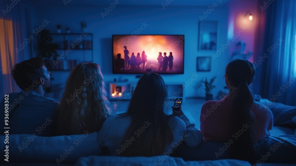 Naklejka premium A group of friends gathers on a comfortable couch watching a movie together in a softly illuminated living room