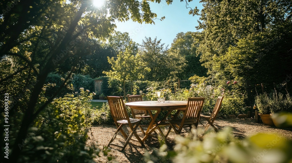 Elegant garden with a wooden table and chairs, sunlight filtering through trees, and a clear blue sky. Elegant garden with a wooden table and chairs, sunlight filtering through trees, and a clear blue sky.