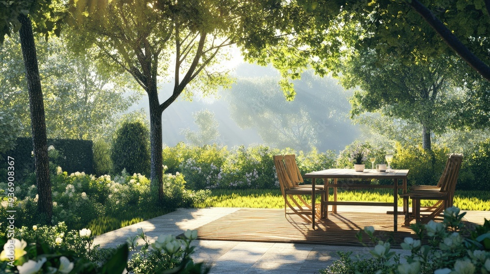 Elegant garden with a wooden table and chairs, sunlight filtering through trees, and a clear blue sky. Elegant garden with a wooden table and chairs, sunlight filtering through trees, and a clear blue sky.