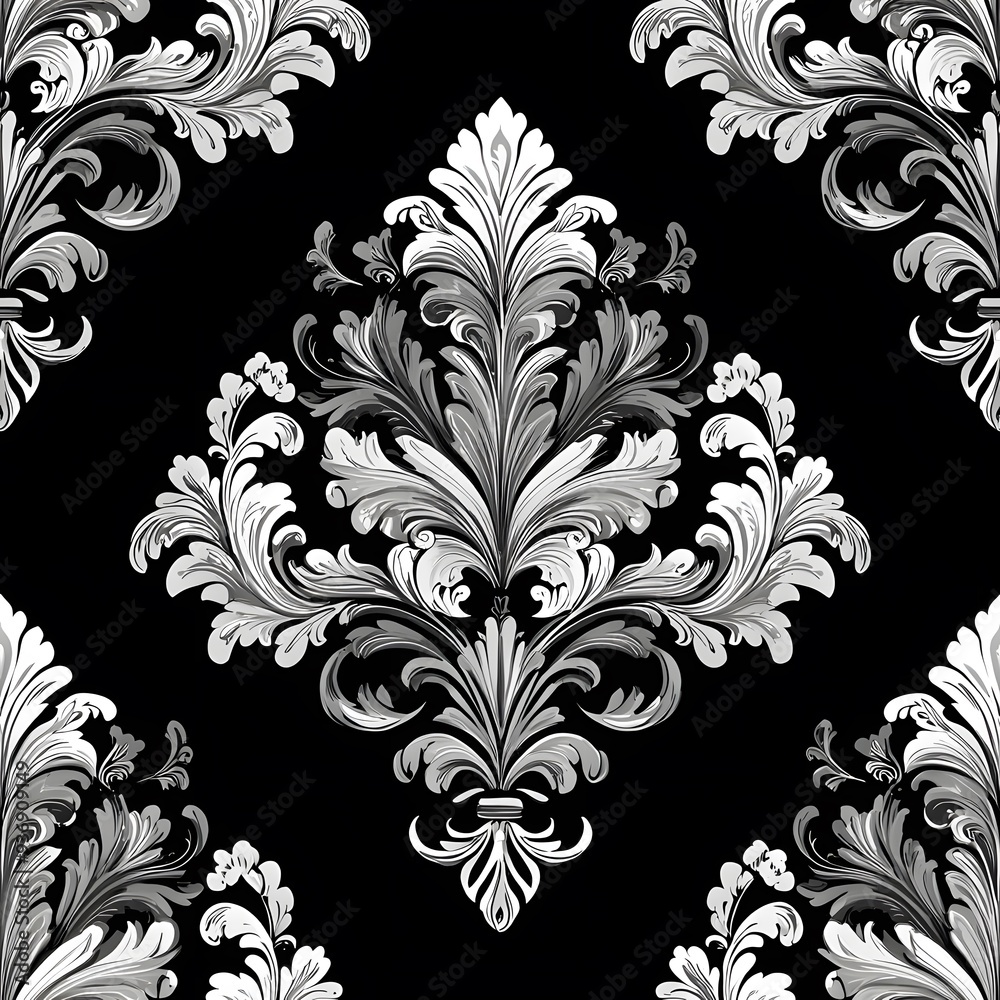 Ornate Damask Seamless Pattern - White Floral Design on Black Background. Ornate Damask Seamless Pattern - White Floral Design on Black Background.