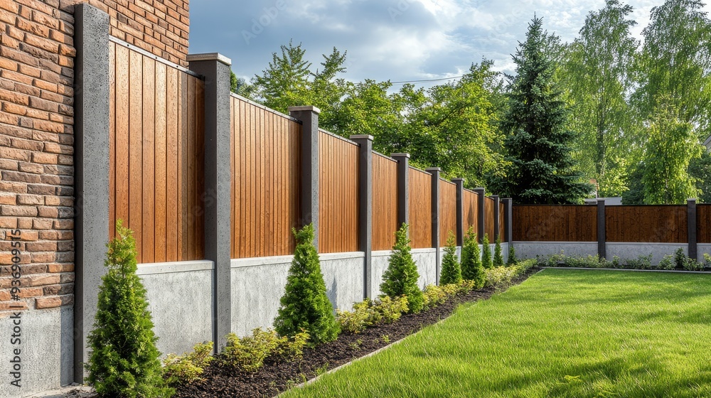 Fototapeta premium Featheredge wooden fence with concrete support and brick wall, creating a secure and stylish outdoor boundary. Sturdy and well-designed for yard grounds.