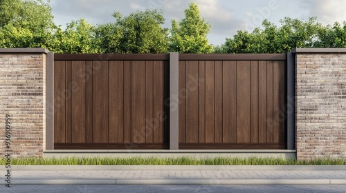 Fence with brown wooden panels, brick wall, and concrete foundation, providing security and style for yard grounds. Clean and modern outdoor fencing.