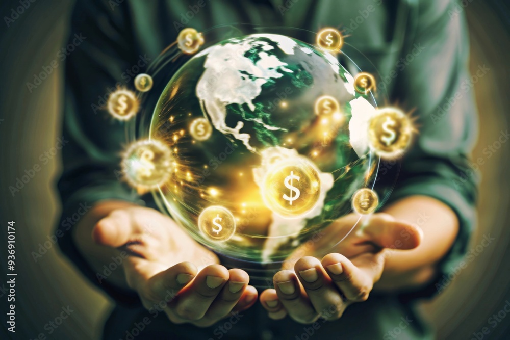 hands gently holding a globe, with various currency symbols (dollar, euro, yen, etc.) floating around it, representing global capitalism hands gently holding a globe, with various currency symbols (dollar, euro, yen, etc.) floating around it, representing global capitalism