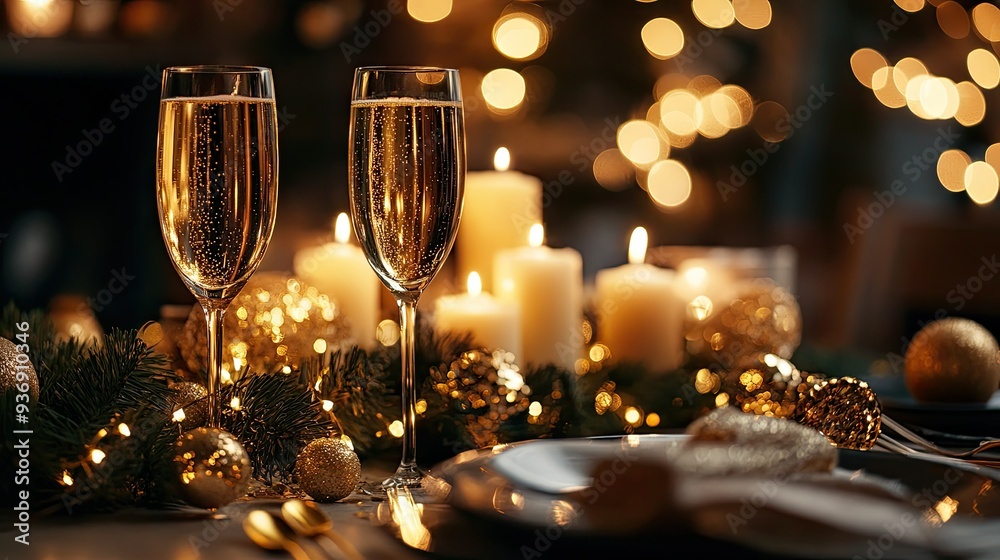 Festive New Year's table with a centerpiece of candles, champagne glasses, and gold confetti. The atmosphere is ready for celebration. Festive New Year's table with a centerpiece of candles, champagne glasses, and gold confetti. The atmosphere is ready for celebration.