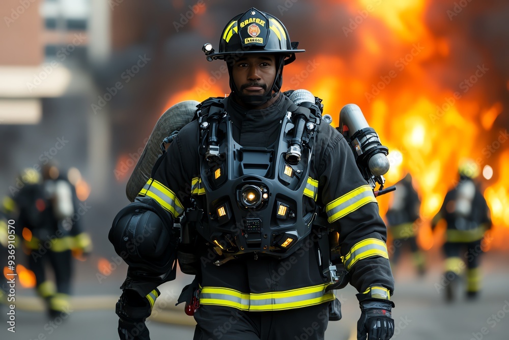 Brave firefighter in protective gear walking confidently through flames, showcasing courage and dedication to saving lives. Brave firefighter in protective gear walking confidently through flames, showcasing courage and dedication to saving lives.