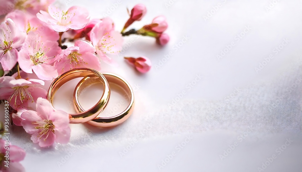 Romantic Wedding Setting - A top-down view of two wedding rings and flower petals placed delicately on a white background. Graphic art illustration. Ai Generative Romantic Wedding Setting - A top-down view of two wedding rings and flower petals placed delicately on a white background. Graphic art illustration. Ai Generative