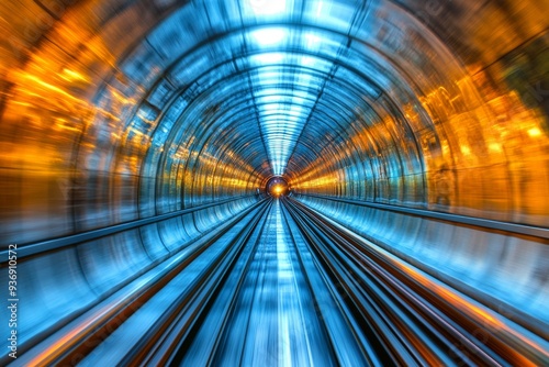 Dynamic view of a train speeding through a futuristic tunnel illustrating the energy and efficiency of advanced transportation systems