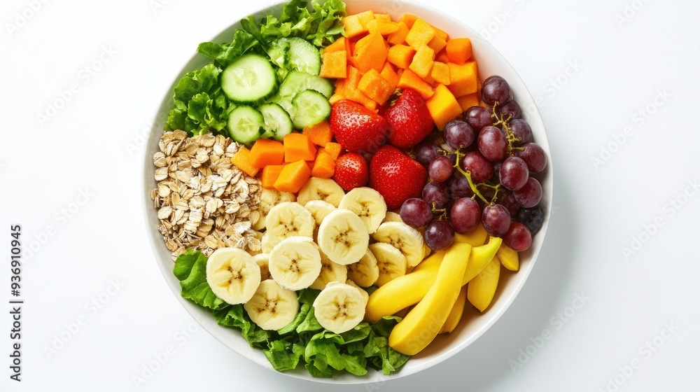 Fresh mixed vegetable salad, crunchy muesli, and a variety of fruits like bananas and grapes, beautifully arranged from a top-down perspective on a white background. Fresh mixed vegetable salad, crunchy muesli, and a variety of fruits like bananas and grapes, beautifully arranged from a top-down perspective on a white background.