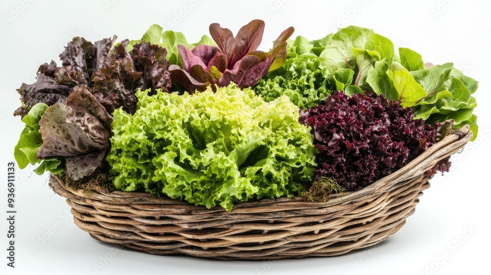 Fresh organic green and red lettuce arranged in a rustic basket, isolated on a white background. The vibrant colors and natural textures emphasize healthy eating and organic produce. Fresh organic green and red lettuce arranged in a rustic basket, isolated on a white background. The vibrant colors and natural textures emphasize healthy eating and organic produce.
