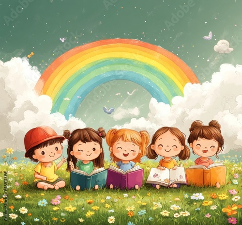 Cute Illustration of Five Children Reading in a Meadow with a Rainbow