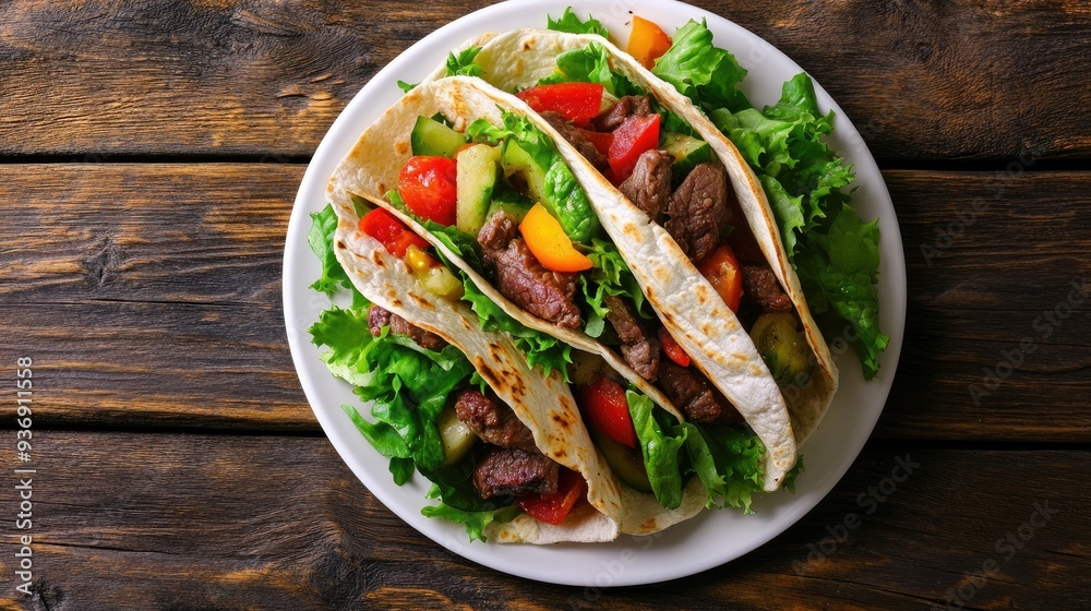 Fresh salad wraps filled with kebab beef and vegetables, served on a white plate atop a wooden table. A delicious and satisfying meal. Fresh salad wraps filled with kebab beef and vegetables, served on a white plate atop a wooden table. A delicious and satisfying meal.