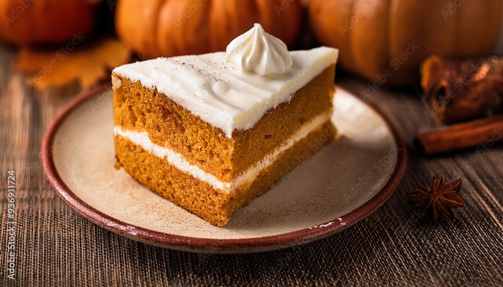 Delicious pumpkin cake slice with creamy frosting, perfect for autumn celebrations and festive dessert tables. Delicious pumpkin cake slice with creamy frosting, perfect for autumn celebrations and festive dessert tables.