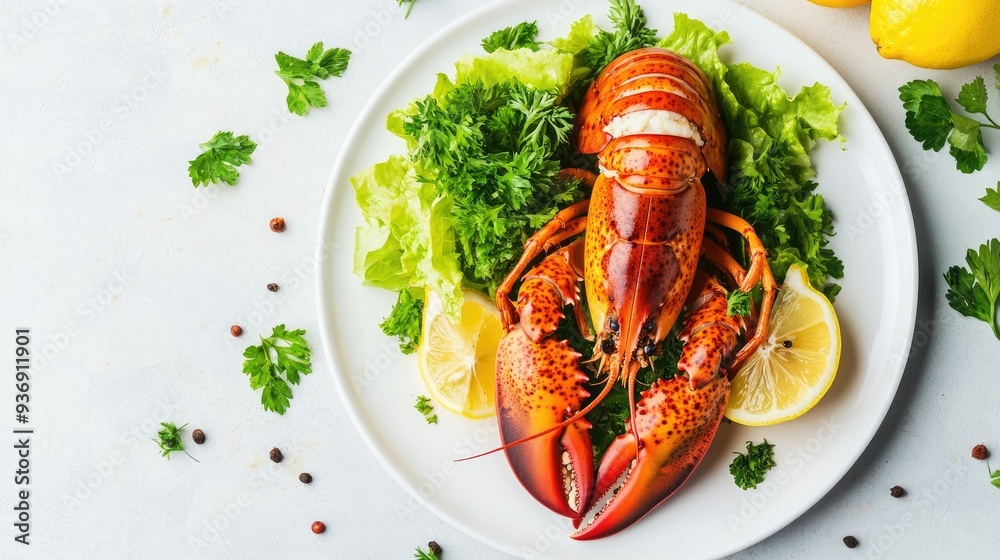 Fresh spiny lobster served on a white plate with lemon, coriander, parsley, and a side of lettuce salad. The top view captures the elegance and appetizing presentation of this seafood dish. Fresh spiny lobster served on a white plate with lemon, coriander, parsley, and a side of lettuce salad. The top view captures the elegance and appetizing presentation of this seafood dish.