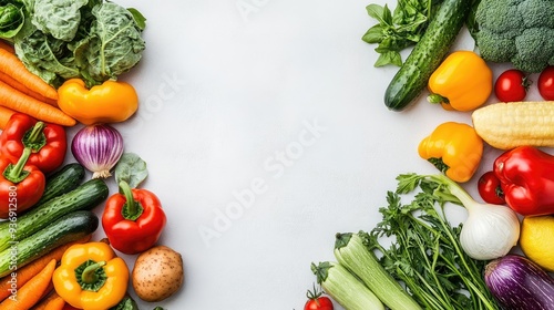 Fresh whole vegetables neatly arranged on a white table, ideal for banners promoting cooking, dieting, and wellness.