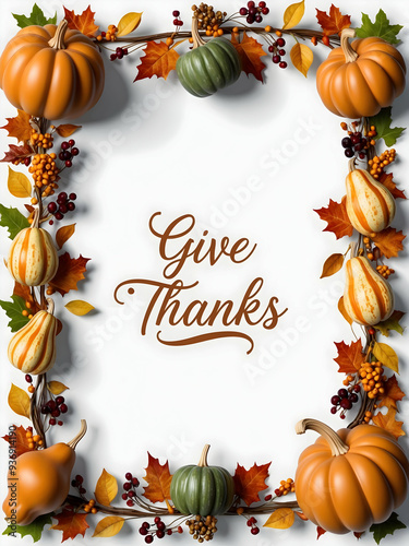 Autumn Garland Border with Gourds and Give Thanks Wording - A beautifully designed frame featuring fall elements. Ideal for Thanksgiving designs. Isolated on white background. photo