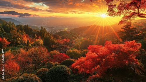 Morning Glow: The early morning sun highlights the vibrant autumn leaves at Atami Plum Garden in Atami City, Shizuoka Prefecture. A picturesque dawn.