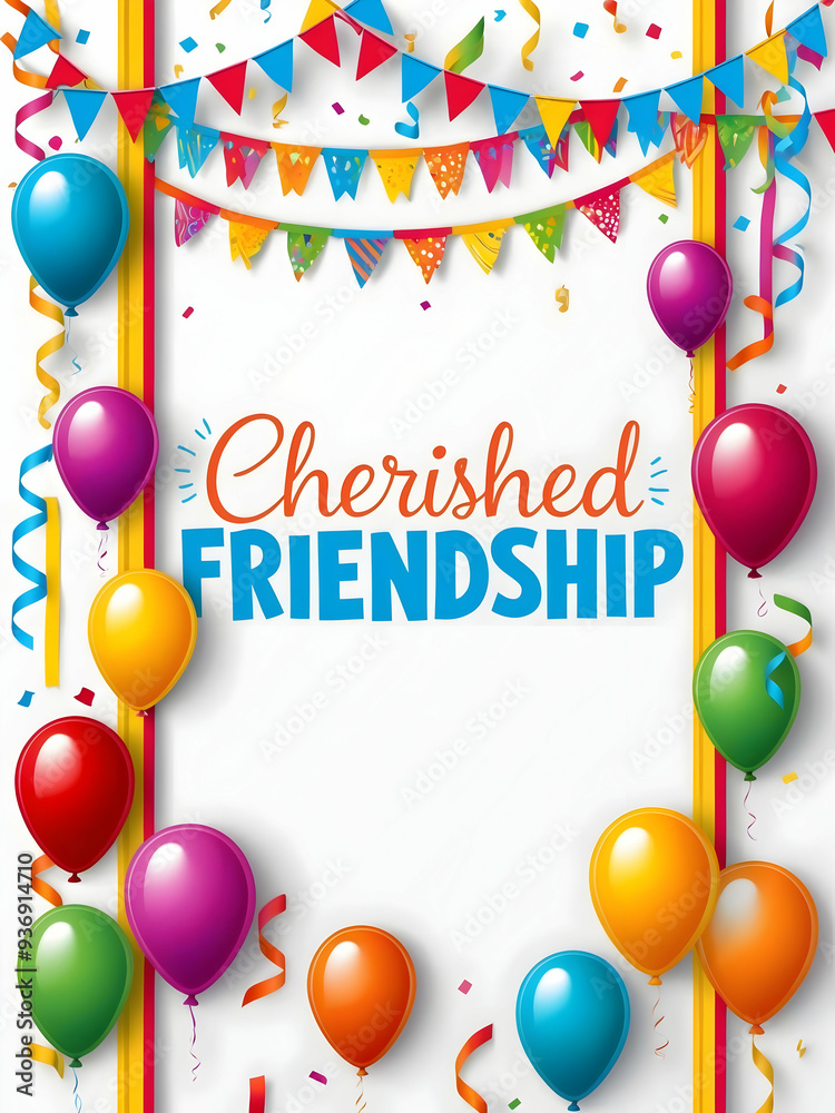 and concise caption: 3D flat icon border with balloons and streamers for Friendship Day celebrations. Features 'Celebrating Friendship' wording. Perfect for personalized messages, invitations, or anno and concise caption: 3D flat icon border with balloons and streamers for Friendship Day celebrations. Features 'Celebrating Friendship' wording. Perfect for personalized messages, invitations, or anno
