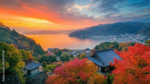 Morning Radiance: The beauty of autumn leaves in the early morning at Atami Plum Garden, Atami City, Shizuoka Prefecture. A serene and colorful dawn.