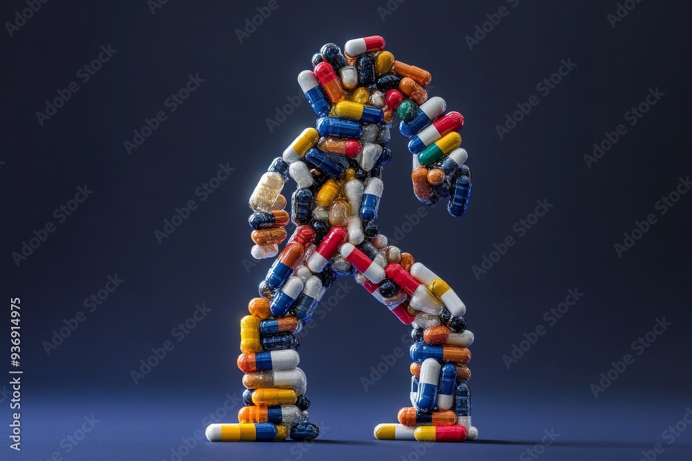 Robot made entirely of pharmaceutical capsules symbolizing the integration of robotics and healthcare technology Robot made entirely of pharmaceutical capsules symbolizing the integration of robotics and healthcare technology
