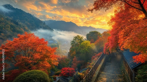 Morning Splendor: Autumn leaves at Atami Plum Garden in the early morning, Atami City, Shizuoka Prefecture. A colorful and serene start to the day.