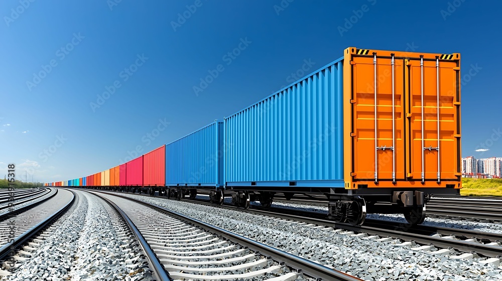 - Industrial container on a railway, factory in the background under a clear sky, copy space for text, - Industrial container on a railway, factory in the background under a clear sky, copy space for text,