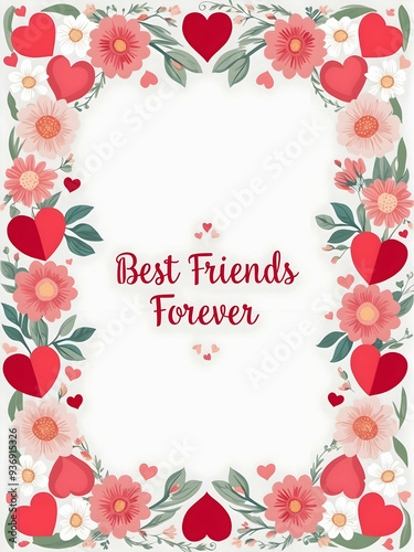 3D flat icon design: Friendship Love border frame with flowers and hearts, perfect for personalized messages and invitations. Peaceful and welcoming atmosphere. Isolated on white background.