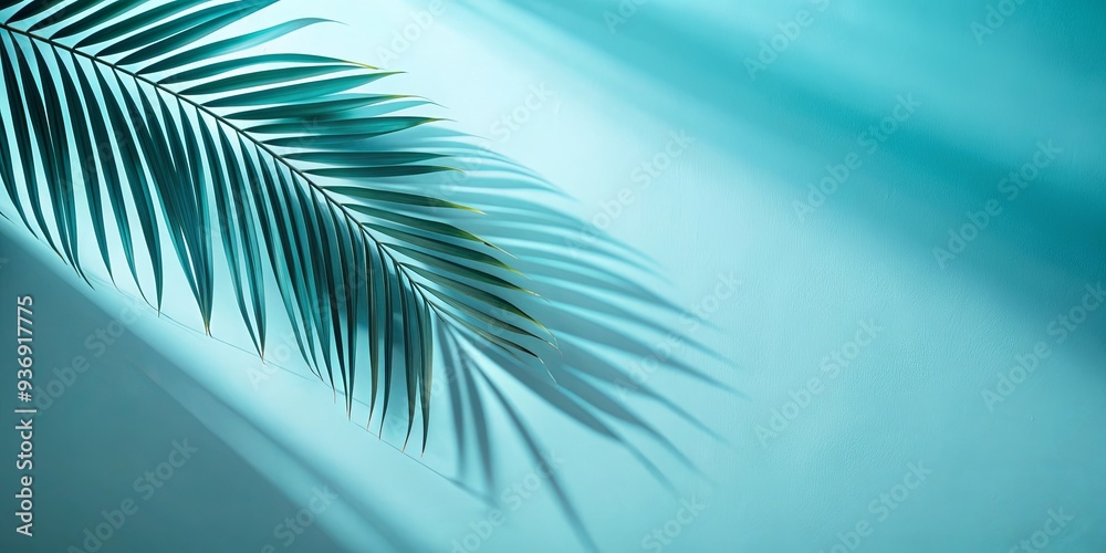 Fototapeta premium Abstract blurred palm leaf shadow on light blue wall background for product display