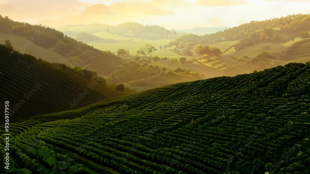 Enjoying a warm cup of tea in a serene tea plantation at sunset time Enjoying a warm cup of tea in a serene tea plantation at sunset time