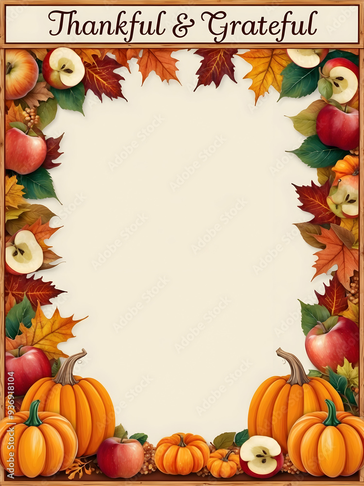 Fototapeta premium Harvest Festival Border with Apples and Thanksgiving Blessings - A vibrant and detailed frame featuring apples, pumpkins, and autumn leaves for Thanksgiving projects and invitations. Ideal for social 