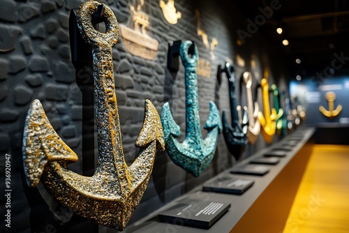 Colorful decorative anchors displayed on a textured wall, showcasing unique designs and maritime artistry in an elegant setting. photo